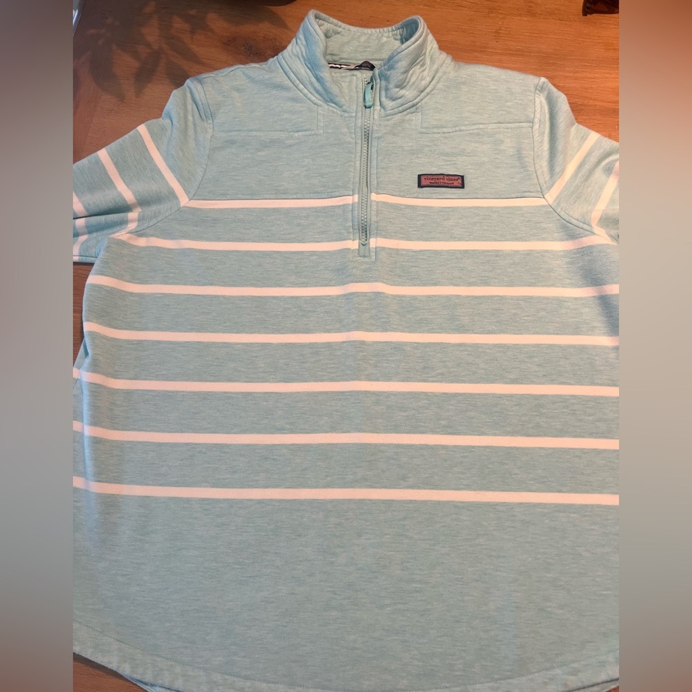 Vineyard Vines Women's 1/4 Zip Dreamcloth Shep Shirt XL Heathered Teal Stripe